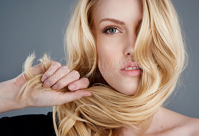Buy stock photo Studio portrait of an attractive young woman tugging her blonde hair against a gray background