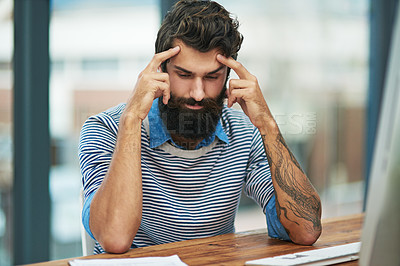Buy stock photo Man, headache and stress at desk for burnout, employee and mental health for debt in office. Male person, creative business and migraine tension or head pain, frustrated and fail or mistake at work