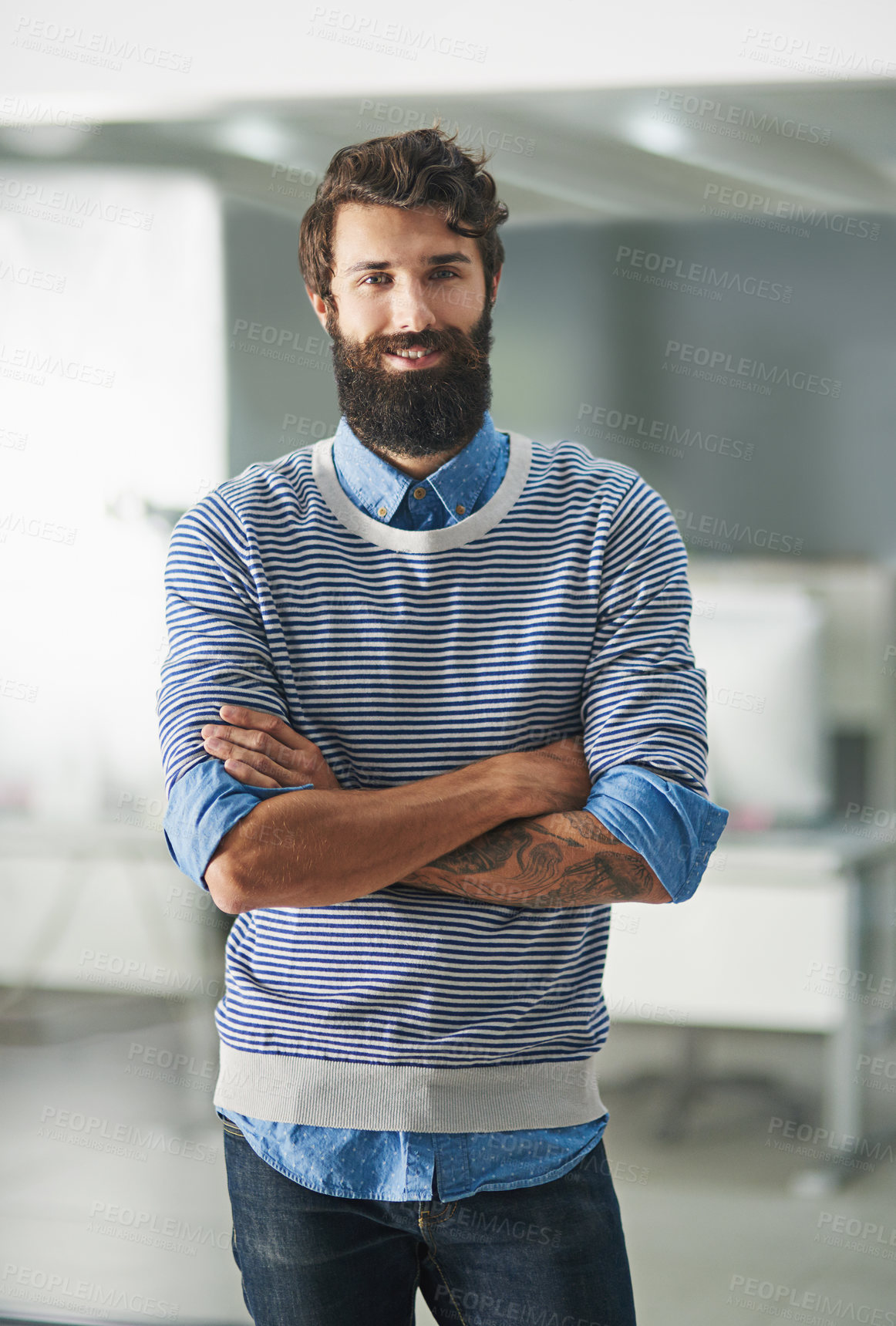 Buy stock photo Portrait, happy and business man with arms crossed in creative startup office for career, job or pride in Canada. Confidence, smile and professional entrepreneur, employee and designer in company