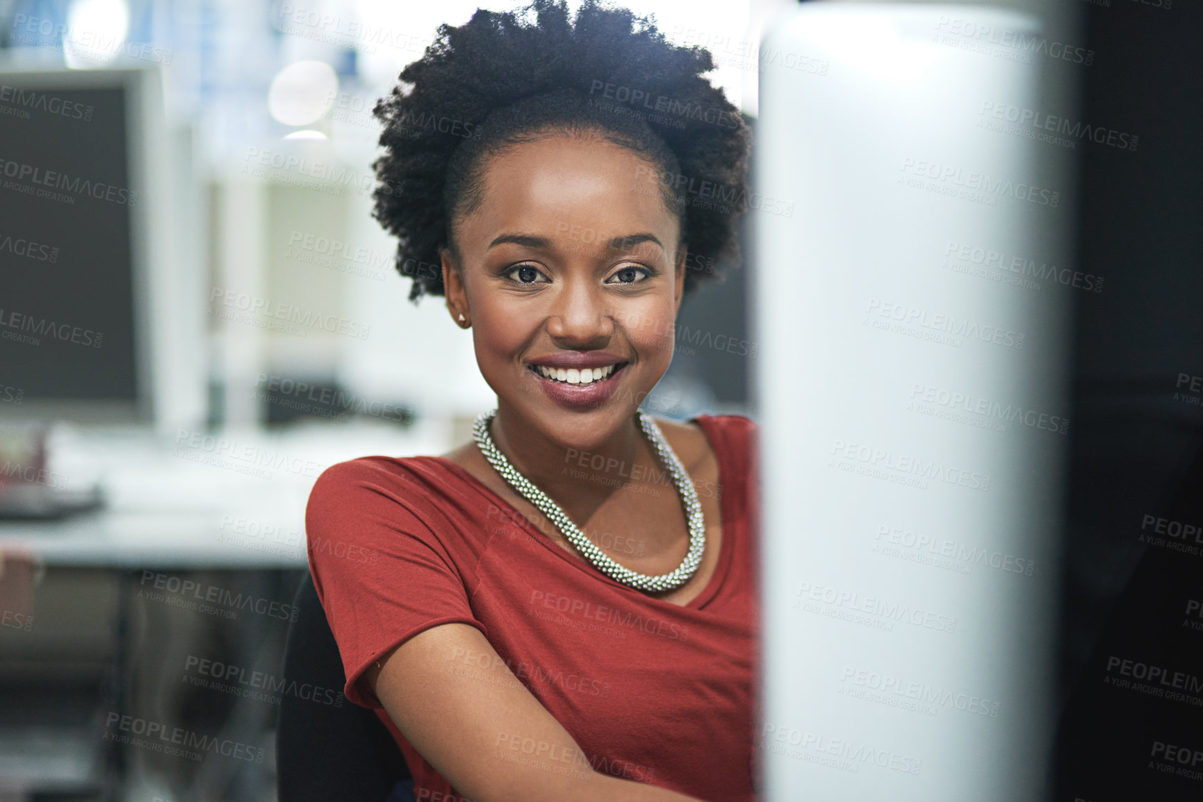 Buy stock photo Business, black woman and creative and office portrait, worker and digital computer for website design. Technology, information and online search or networking, company employee in happy workplace