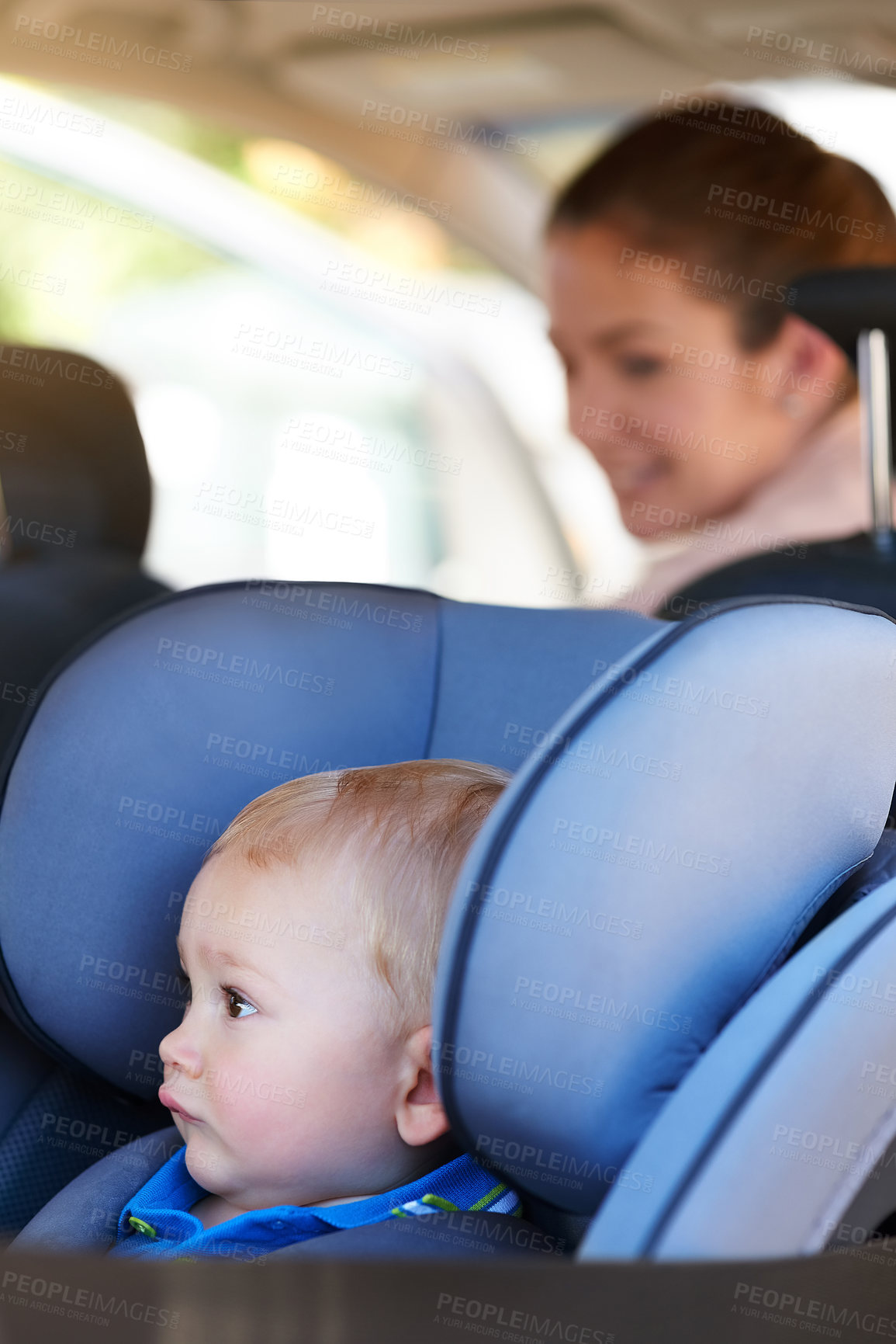 Buy stock photo Journey, mom and check of baby, car and love for child, seat belt and secure in vehicle and morning. Travel, toddler and mother on road trip, transport and driving with motor and peace of youth