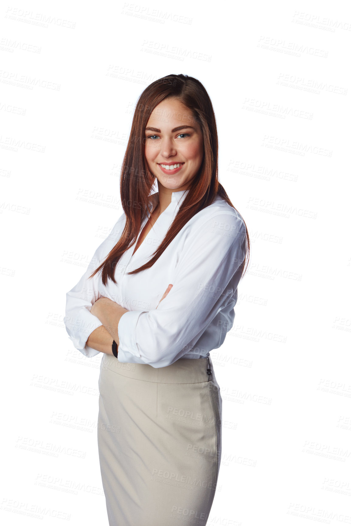 Buy stock photo Business woman, portrait and success with career goals, motivation for leadership isolated on white background. Happy, empowerment and vision, mindset and professional mission with growth development
