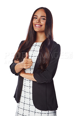 Buy stock photo Business woman, portrait or thumbs up on isolated white background, advertising mockup or marketing space mock up. Smile, happy or corporate worker in vote success, winner or good luck hands gesture 