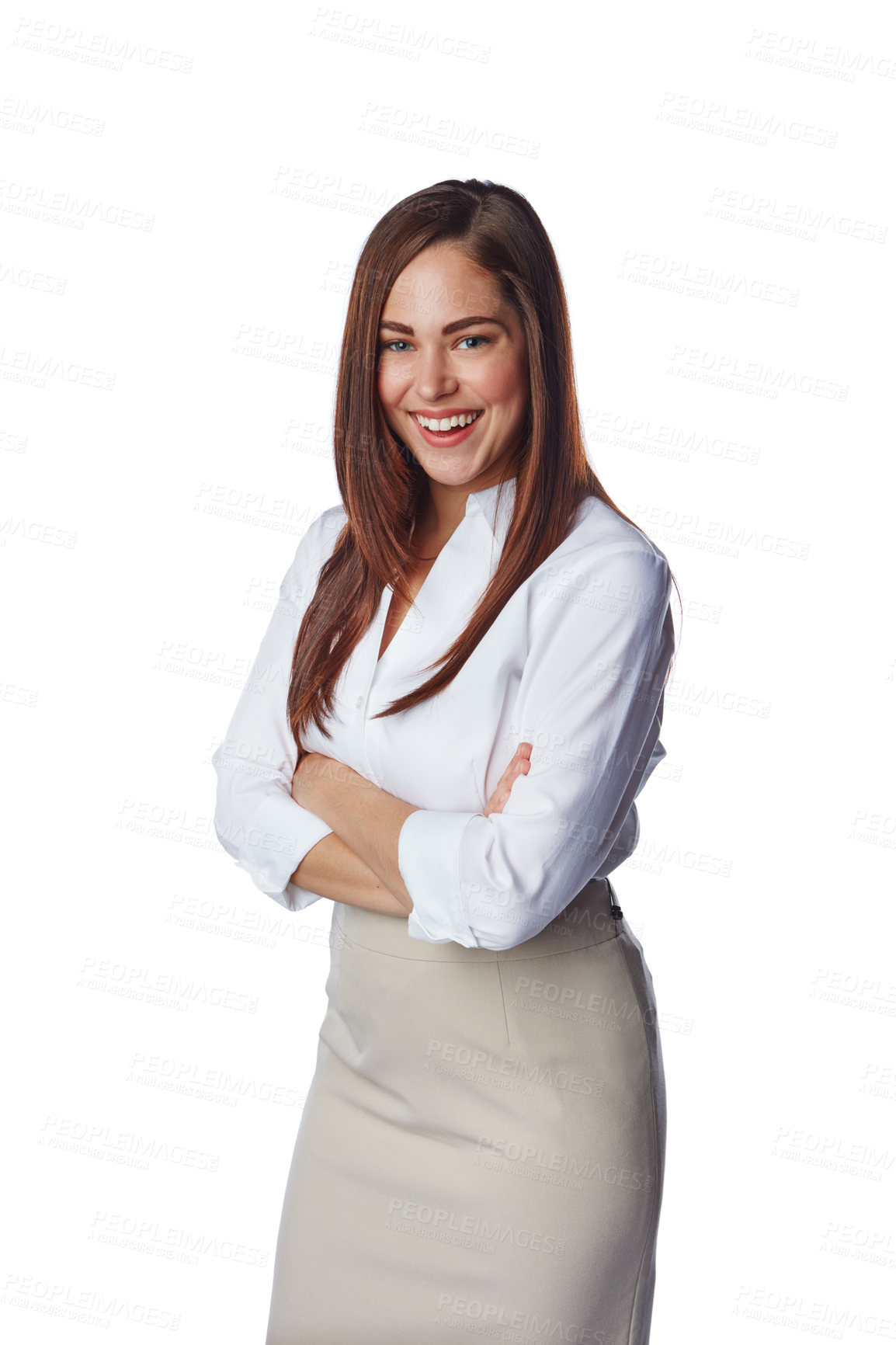 Buy stock photo Happy woman, smile and standing isolated on a white background in leadership, management or CEO. Portrait of confident business female, person or lady smiling in happiness for profile, career or job