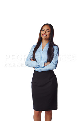 Buy stock photo Isolated, business and portrait of woman with mockup in white background studio for management, leader and fashion. Happy, smile and confident with Brazilian girl and arms crossed for formal and cute