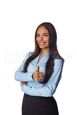 Buy stock photo Thumbs up, business woman and portrait of a model with winner, thank you and success hand sign. White background, happy employee and isolated female entrepreneur worker smile with vertical mockup