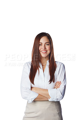 Buy stock photo Portrait, corporate and woman arms crossed, smile and lady isolated on white studio background. Leader, female employee or entrepreneur with happiness, achievement or motivation in corporate and work
