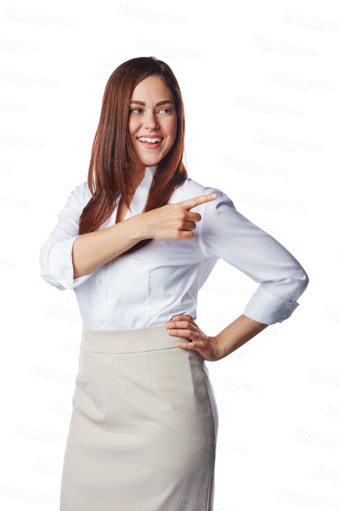 Buy stock photo Business woman, studio and pointing for marketing, promotion or advertising on mockup space. Corporate employee or professional worker with hand sign, show advertising isolated on white background
