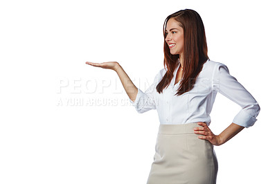 Buy stock photo Hand, advertising and corporate woman on a white background for product placement, logo and mockup. Business deal, display and isolated girl with hand gesture for information, news and announcement
