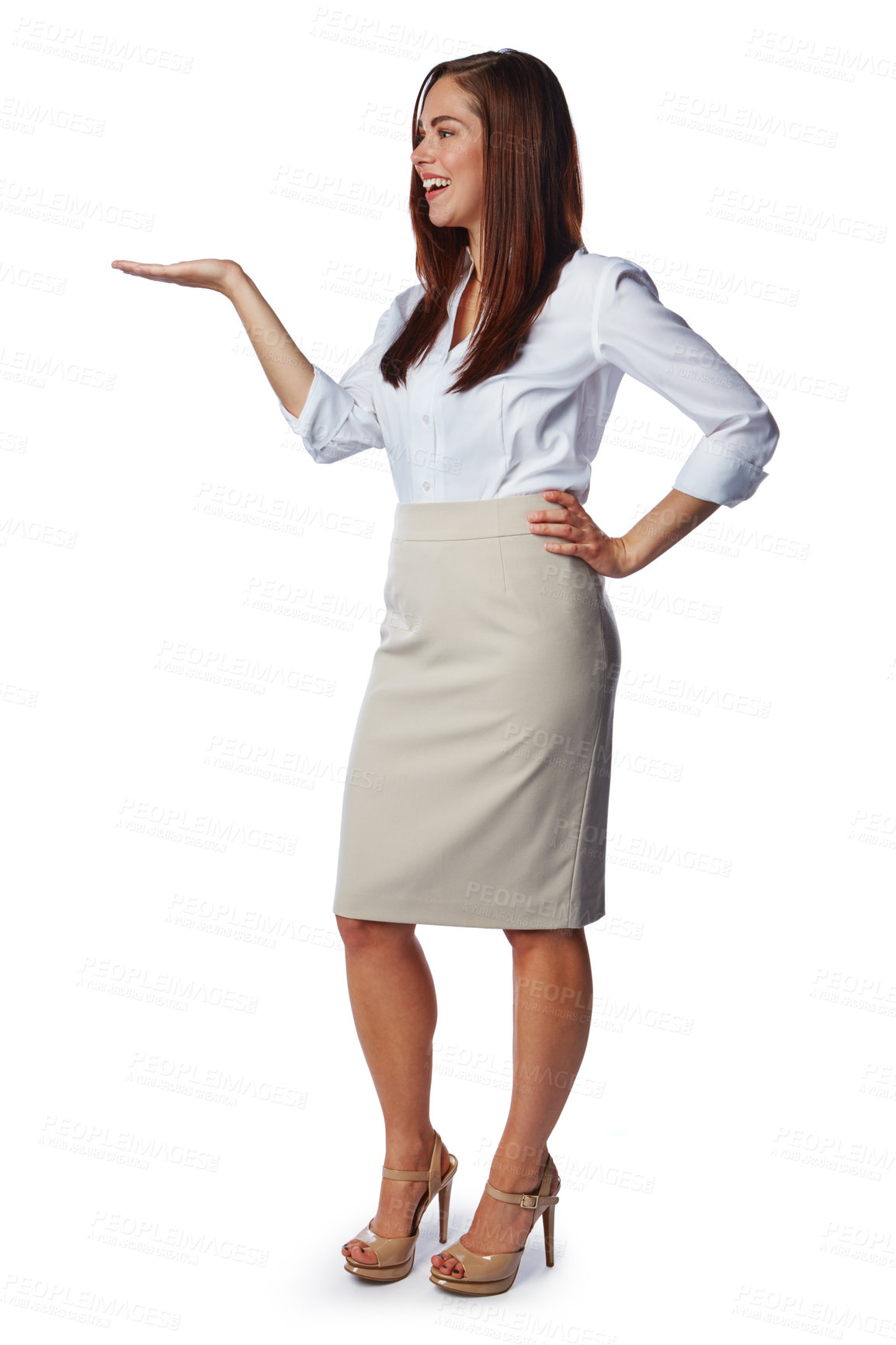 Buy stock photo Mockup, hand display and woman on a white background for product placement, logo and advertising. Deal, presenting and isolated girl with hand sign for information, news and announcement in studio