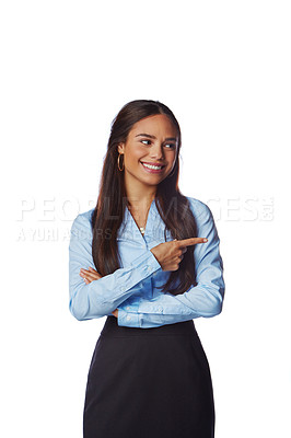 Buy stock photo Business woman, pointing finger and mockup space for advertising sale, brand discount and deal in studio. Happy female with hand for marketing promo product placement isolated on a white background
