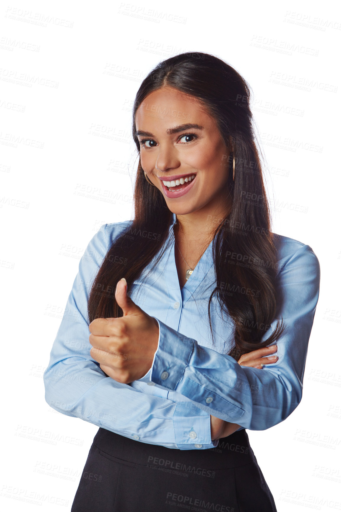 Buy stock photo Business woman, smile and thumbs up for winning, deal or discount against white studio background. Portrait of a isolated happy female employee model standing with thumbsup for good job, done or sale