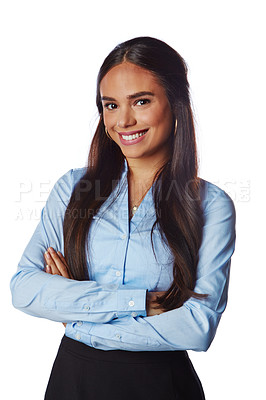 Buy stock photo Isolated, business and portrait of woman with arms crossed  in white background studio for management, leader and fashion. Happy, smile and confident with Brazilian girl for formal, cute and style