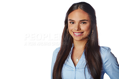 Buy stock photo Beauty, business and portrait of model in studio with mockup space for advertising, marketing or product placement. Happy, smile and young professional woman from Mexico isolated by white background.
