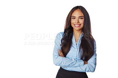Buy stock photo Isolated, business and portrait of woman with mockup in white background studio for management, leader and fashion. Happy, smile and confident with Brazilian girl and arms crossed for formal and cute