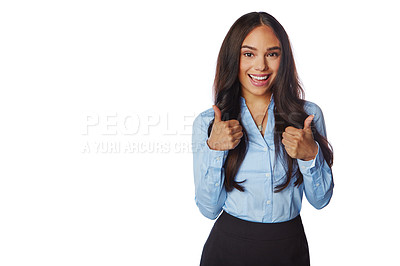 Buy stock photo Business woman, hands and thumbs up on mockup for discount, deal or winning against white studio background. Portrait of isolated female employee standing with thumbsup for good job done or sale