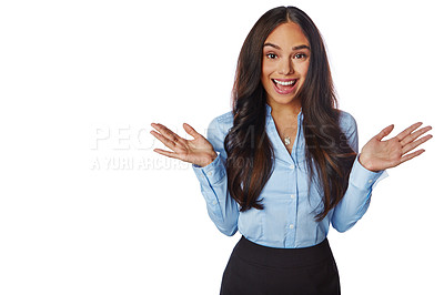 Buy stock photo Happy, excited and business woman in a studio with a positive mindset, good news and surprise. Happiness, amazed and corporate female model with a surprised hand gesture isolated by white background.