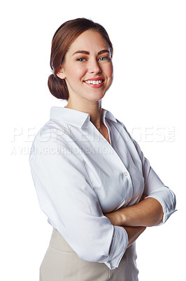 Buy stock photo Isolated, business and portrait of woman in white background studio with arms crossed, leadership and fashion. Happy, smile and confident with face of New York girl for formal, cute and management