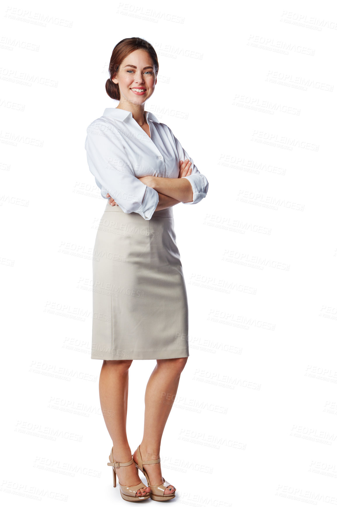Buy stock photo Smile, arms crossed and portrait of business woman for marketing, innovation or vision. Smiling, happy and fashion  with isolated face of person for mindset, career or goal in white background studio