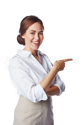 Buy stock photo Portrait, pointing and happy woman with finger gesture isolated against a studio white background. Excited, confident and smiling businesswoman showing copy space for a promo deal