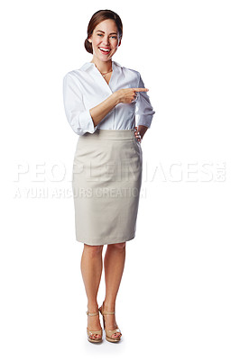 Buy stock photo Mock up, space and corporate woman pointing finger isolated against a studio white background. Confident, happy and smiling female entrepreneur showing copy space gesture for a promo banner