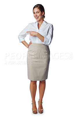 Buy stock photo Business woman, studio portrait and pointing to advertising, promotion or marketing idea on mockup space. Professional worker, employee or model show mock up, hand sign isolated on white background