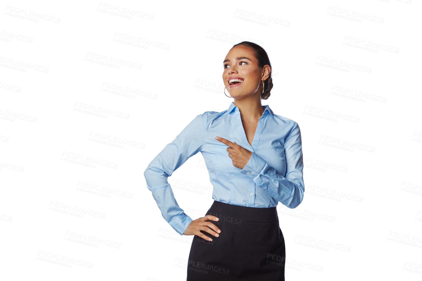 Buy stock photo Studio, pointing and business woman wow for advertising, promotion or marketing idea on mockup space. Professional worker, employee or model show mock up, hand sign isolated on white background