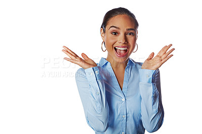 Buy stock photo Happy, wow and excited woman in a studio with a positive mindset, good news and surprise. Pride, win and portrait of corporate female model with a surprised hand gesture isolated by white background.