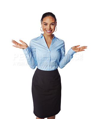 Buy stock photo Business woman, smile portrait and open hands standing ready for employee motivation or positive mindset isolated in white background. Corporate female, happy gesture and  leadership vision 