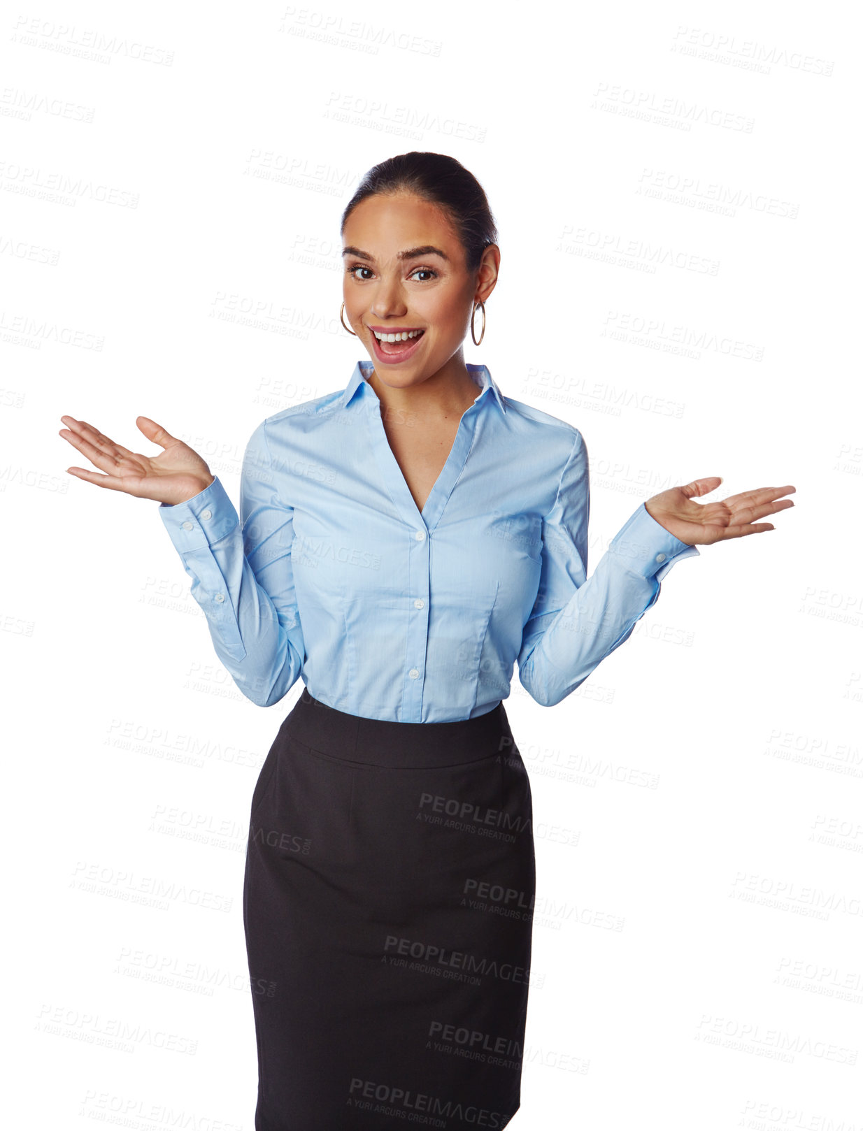 Buy stock photo Business woman, portrait or weigh hands on promotion mockup, isolated marketing space or advertising mock up. Smile, happy or corporate worker and palm options, decisions or white background choices