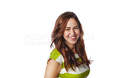 Buy stock photo Woman, hair and happy with beauty portrait, smile in hair care mockup and fashion isolated on white background. Keratin, balayage and hair style, natural cosmetics with face and skin with happiness