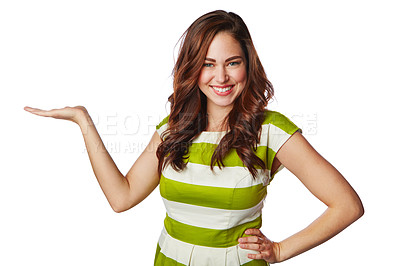 Buy stock photo Woman, portrait or hands palm for promotion mockup, marketing space or advertising mock up on white background. Smile, happy model or showing gesture for isolated about us or backdrop logo branding