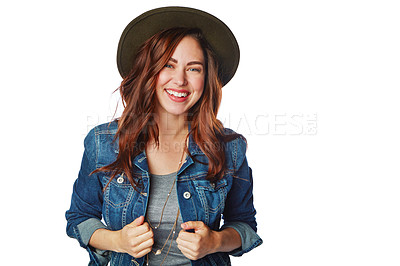 Buy stock photo Woman, portrait or fashion clothes with hat on isolated white background in cool brand marketing on mockup. Smile, gen z or model and denim jacket, trendy or clothing ideas on studio mock up backdrop