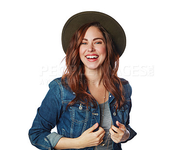 Buy stock photo Woman, portrait or fashion clothes with denim jacket on isolated white background in cool brand marketing on mockup. Smile, gen z or model and hat, trendy or clothing ideas on studio mock up backdrop