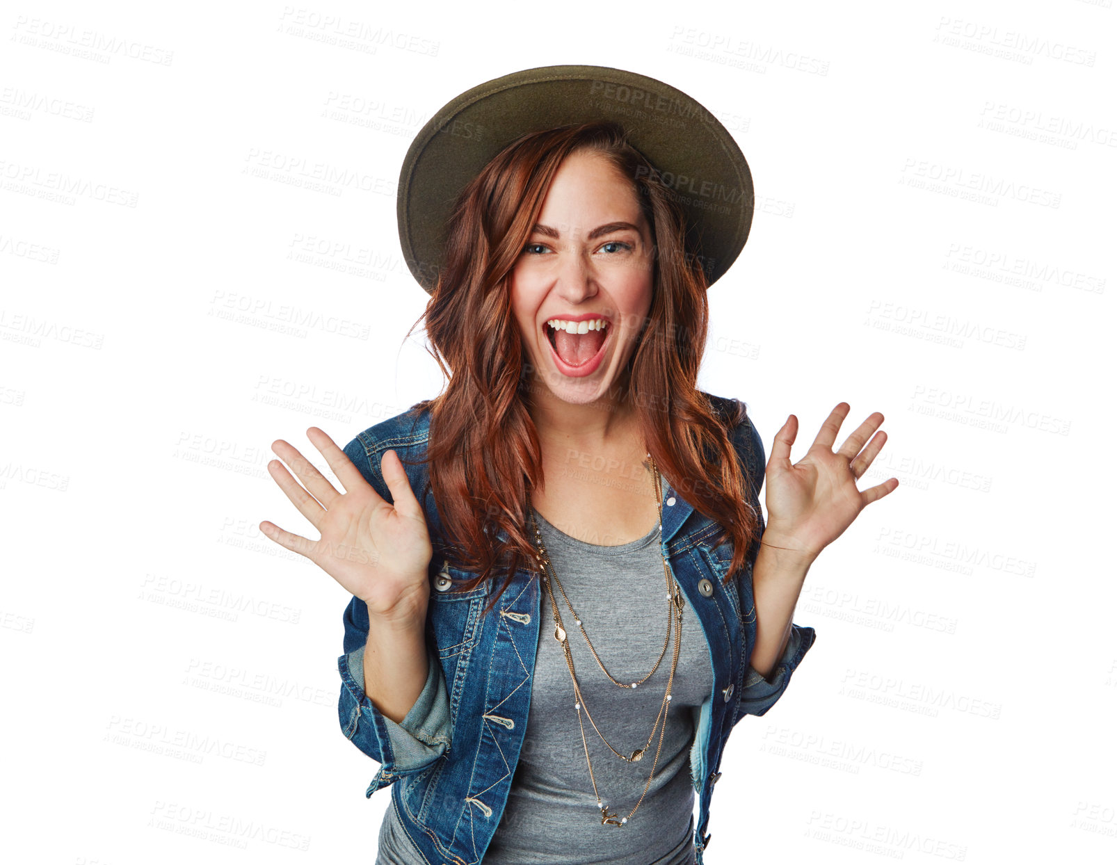 Buy stock photo Surprised woman, portrait or fashion hat on isolated white background in trendy, cool or brand style marketing. Smile, happy or excited gen z model and wow facial expression for clothing sales mockup