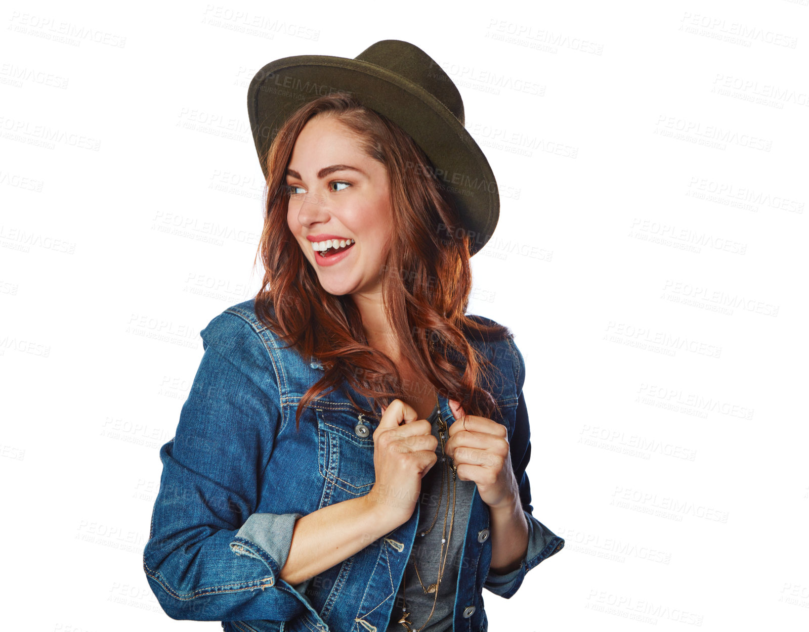 Buy stock photo Happy woman, fashion clothes or hat on isolated white background in cool trend or funky brand marketing on mockup. Smile, gen z or model with denim jacket or clothing ideas on studio mock up backdrop