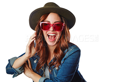 Buy stock photo Woman, fashion and glasses with hat, smile or excited face against a white studio background. Portrait of a happy isolated fashionable female smiling in happiness for summer style