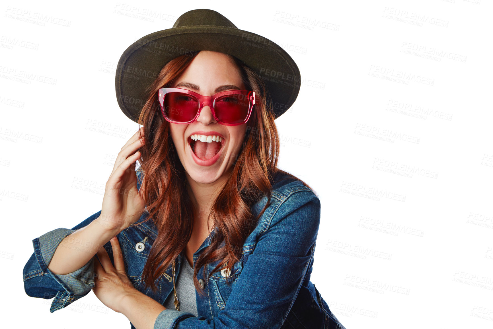 Buy stock photo Woman, fashion and glasses with hat, smile or excited face against a white studio background. Portrait of a happy isolated fashionable female smiling in happiness for summer style