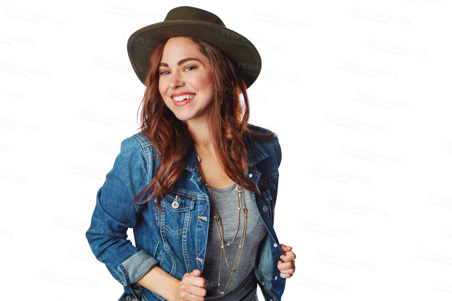 Buy stock photo Happy woman, portrait and fashion clothes with hat on isolated white background in cool brand marketing. Smile, gen z and model with denim jacket, trendy or clothing ideas on studio mock up backdrop