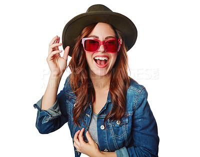 Buy stock photo Stylish woman, fashion and sunglasses with hat, smile or excited face against white studio background. Portrait of a isolated fashionable female smiling in happiness for summer style with glasses