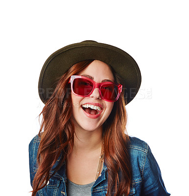 Buy stock photo Portrait, fashion and sunglasses with a model woman in studio isolated on a white background for a clothes brand. Face, style and hat with an attractive young female posing to promote trendy clothes