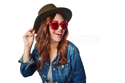 Buy stock photo Woman, smile and hat with glasses in fashion with style for summer against a white studio background. Happy isolated female smiling in happiness for stylish sunglasses or clothing on white background