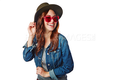 Buy stock photo Happy, gen z and youth girl fashion with trendy style, sunglasses and excited smile for marketing. Happiness, cool and young fashionista model isolated on white background for advertising mockup.

