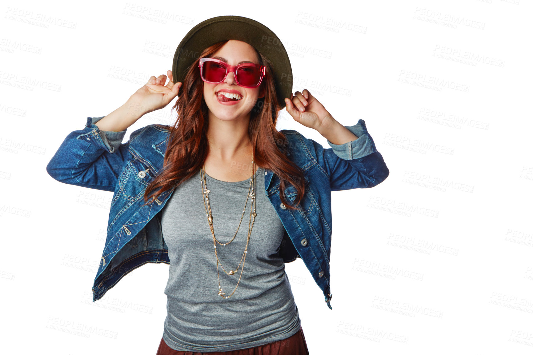 Buy stock photo Woman, portrait and fashion sunglasses or tongue, hat or isolated denim jacket on white background mockup. Smile, happy or gen z model in trendy, cool or hipster brand clothing for marketing mock up