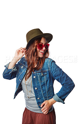 Buy stock photo Fashion, style and woman in a studio with a casual, stylish and funky outfit with accessories. Happiness, smile and female model with hat, sunglasses and edgy clothes isolated by a white background.