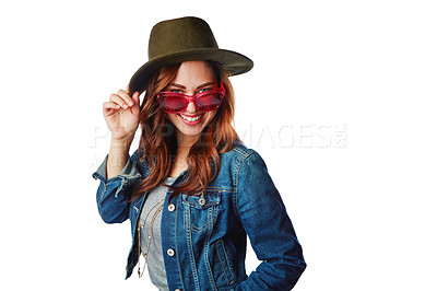 Buy stock photo Woman, portrait or fashion sunglasses on isolated white background for trendy, cool or hipster brand marketing. Smile, happy or gen z model with clothing, hat or creative clothes on mock up backdrop
