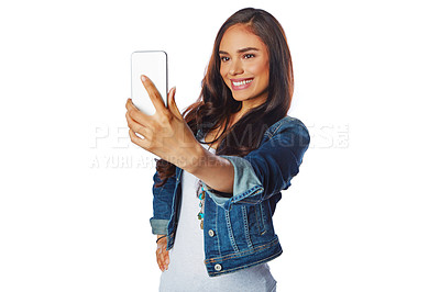 Buy stock photo Woman, fashion or phone selfie on isolated white background for social media, profile picture or video call. Smile, happy model or influencer on mobile photography technology for blogging or vlogging