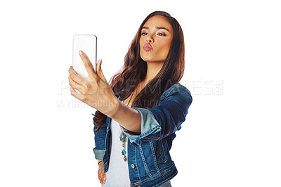 Buy stock photo Woman, fashion or kiss for phone selfie on isolated white background for social media, profile picture or video call. Model, influencer or mobile photography technology for gen z blogging on mock up