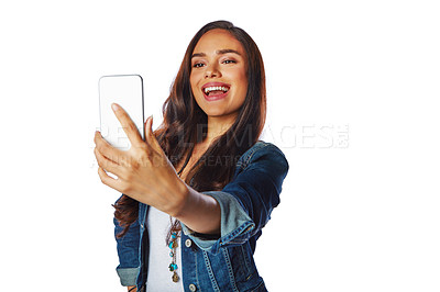 Buy stock photo Happy woman, fashion and phone selfie on isolated white background for social media, profile picture or video call. Model, influencer and mobile photography technology in blogging on mockup backdrop