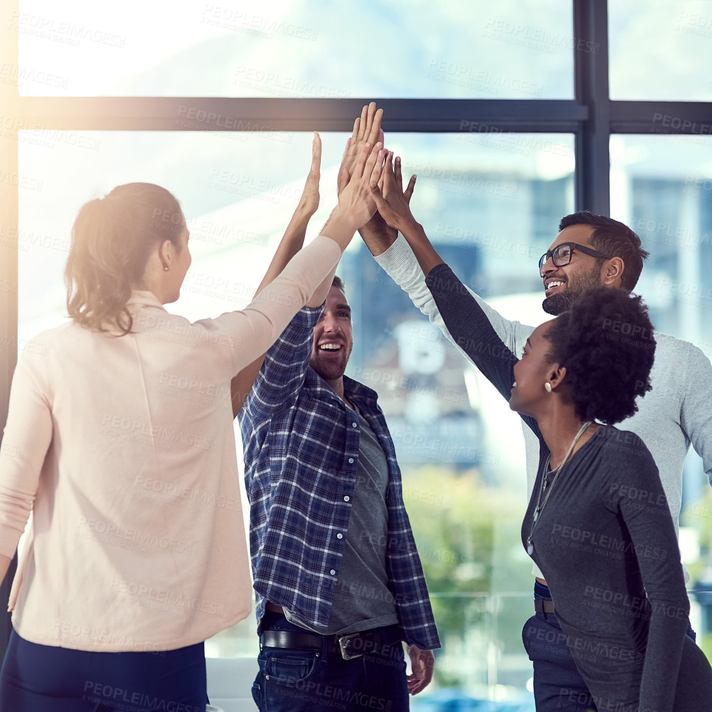 Buy stock photo Diversity, high five and hands together in office for corporate support, company collaboration and planning. Business people, trust and solidarity in circle for community, teamwork and celebration